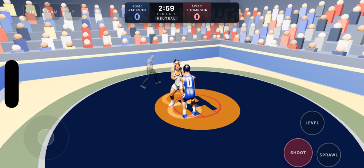 Two wrestlers competing in The Campaigne, a 3D folkstyle wrestling game.